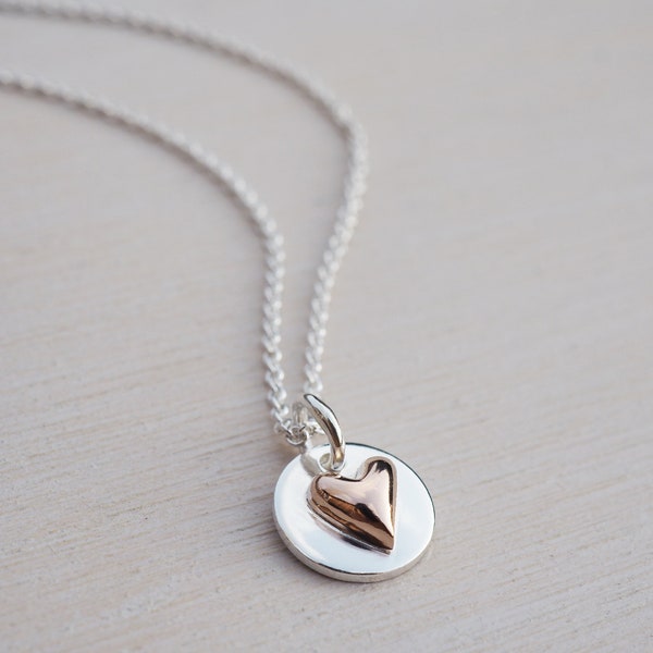 Tiny 9ct Rose Gold Heart & Silver Circle Necklace | Sterling Silver