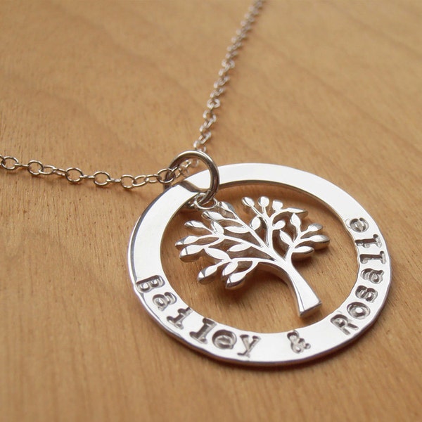 Family Tree Necklace - Silver Circle With Stamped Names & Tree - Sterling Silver