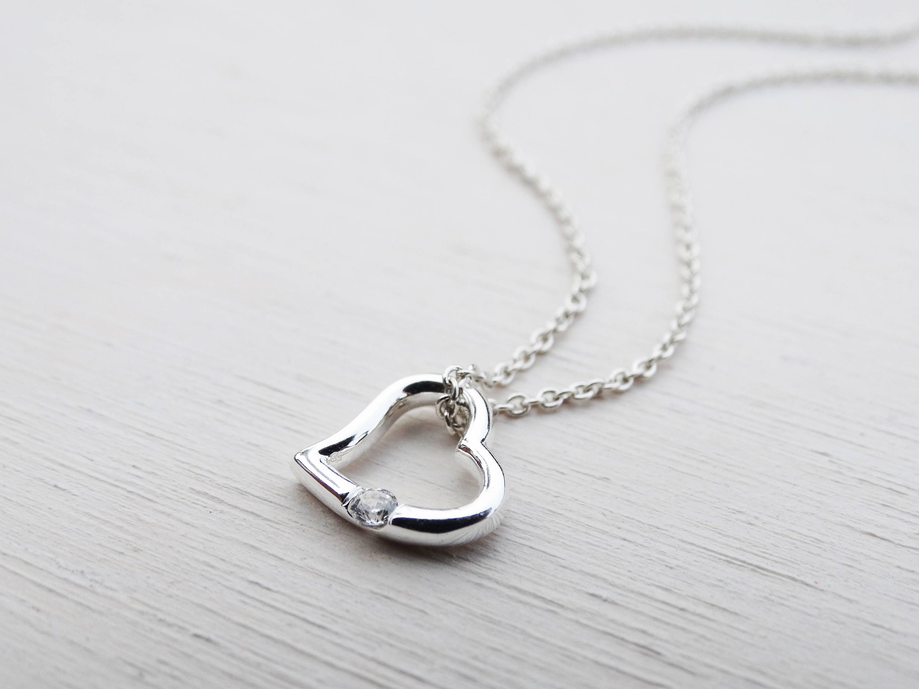 Small Silver Heart Necklace With Cubic Zirconia Solitaire | Sterling Silver