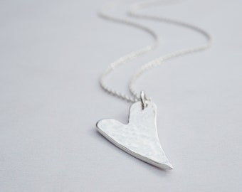 Silver Heart Necklace | Elongated Heart | Hammered | Sterling Silver