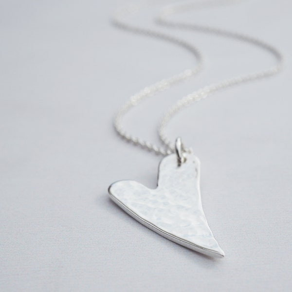 Silver Heart Necklace | Elongated Heart | Hammered | Sterling Silver