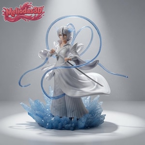 May include: A white anime-style figurine featuring a character with short hair holding a katana. The figure wears a flowing white robe and stands atop a base of translucent blue crystals, surrounded by swirling blue energy ribbons and Meliodas3D text.