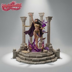 May include: A detailed figurine of a character with long dark hair, wearing a gold bikini and a purple cape, standing on a stone platform with pillars. The character holds a purple book, surrounded by skulls, candles, and purple energy effects.