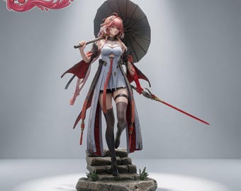 May include: A detailed anime-style figurine of a character with pink hair, wearing a white and red outfit with black stockings, holding a dark umbrella and a thin red sword, standing on a stone base with the Meliodas3D logo in the top left corner.