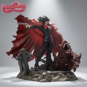 May include: A detailed figurine of a character with black hair wearing a black suit and a flowing red cape, holding a silver handgun. Beside the figure is a multi-headed creature with red skin and many eyes, standing on a rocky base with skulls.