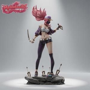 May include: A collectible figurine of a character with pink hair in a ponytail, wearing a purple jacket, white top, and dark shorts. The figure wears a purple cap and face mask, holding two curved blades, standing on a rocky base with scattered daggers.