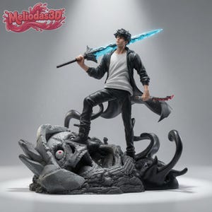May include: A collectible figurine of a dark-haired character wearing a white shirt, black hoodie, and black pants, standing on a large stone skull base. The character holds a glowing blue sword over the shoulder and a smaller blade in the other hand.