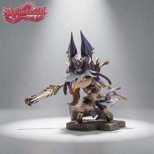 May include: A stylized figurine of a character wearing a purple and gold jackal-inspired headdress, holding a glowing sword. The figure has white hair, purple clothing with gold accents, and stands on a rocky base. The text Meliodas3D is visible.