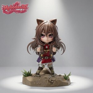 Puede incluir: Una figura estilo chibi de un personaje con cabello castaño, orejas de animal y grandes ojos rosados. Viste una túnica roja y blanca con falda morada, botas marrones y se apoya en una base marrón texturizada con plantas verdes y el texto Meliodas3D.