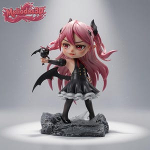 May include: A chibi-style figurine with long pink hair, pointed ears, and small black wings, wearing a black dress with gold buttons and a white ruffled hem. The character holds a small black creature and stands on a gray rocky base. Text reads Meliodas3D.
