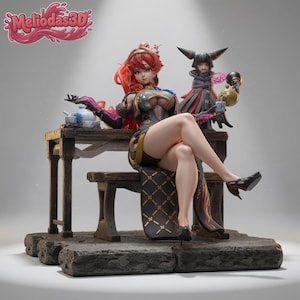 May include: A detailed 3D figurine featuring a red-haired character in a dark outfit sitting on a wooden bench at a table with a tea set. Beside them stands a smaller dark-haired figure with horns. The Meliodas3D logo is visible in the top left corner.
