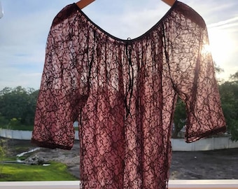 70s handmade sheer lace nightgown, Milk Bath Dress, Purple Lace Nightgown, Lace Teddy Vintage