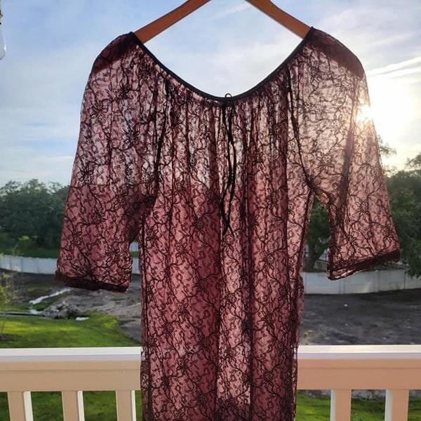 70s handmade sheer lace nightgown, Milk Bath Dress, Purple Lace Nightgown, Lace Teddy Vintage