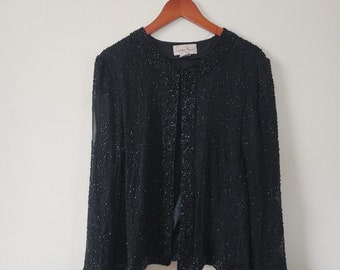 Vintage Lawrence Kazar 100% Silk Beaded Evening Cardigan Top BLACK Petite Large