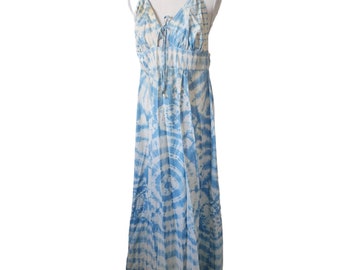 Bette Of Jamaica Original Tie Dye Maxi Halter Dress Vintage 70s Blue White