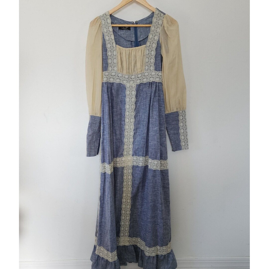 1970s Gunne Sax by Jessica Dress Blue Sheer Long Sleeve Lace Sleeves ...