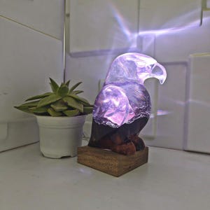 Handmade eagle Resin Lamp: Burl Wood, RGB LED Light