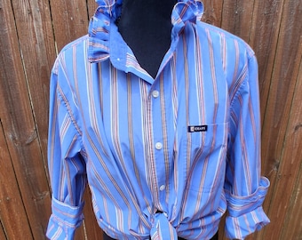 Blue with Orange Stripes Chaps Upcycled Men's Shirt with Ruffle Collar Size M-L
