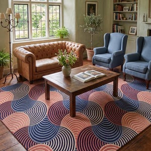 Handmade Geometric Area Rug, Mid-Century Modern Art Deco Carpet, Concentric Arch Pattern