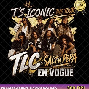 Op de afbeelding: Een grafisch ontwerp met de tekst T'S ICONIC THE TOUR, TLC, SALT-N-PEPA WITH EN VOGUE en een 100% BEST QUALITY zegel. De afbeelding toont een groep personen in donkere, stijlvolle kleding tegen een gouden, glinsterende achtergrond met penseelstreken.