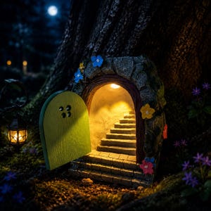 Solar Fairy Door Garden Light, Magical Tree Base Fairy House, Outdoor Night Glowing Door Decor, Enchanted Forest Yard Art, Cottagecore-cadeau