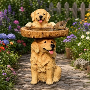 May include: A golden retriever dog statue bird bath with a wooden-look rim. A small bird is drinking from the water. The statue is in a garden setting with colorful flowers and a stone pathway.