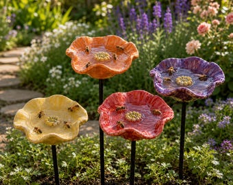 Handgefertigte keramische Bienen-Tränke-Pfahl, Bestäuber-Wasser-Feeder, Schmetterlings-Bienen-Bad, Blumengarten-Pfahl, im Freien Garten-Dekor