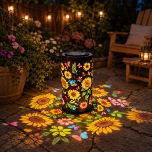 May include: A cylindrical black metal solar lantern featuring intricate cutouts of sunflowers, leaves, and butterflies. The lantern has a top handle and emits a vibrant, colorful light projection of floral and butterfly patterns onto the ground.