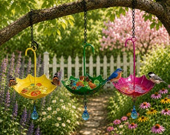 Bain d'oiseaux suspendu pour colibris, mangeoire pour oiseaux en forme de parapluie, station d'eau pour oiseaux de jardin en plein air, bain d'oiseaux suspendu décoratif pour patio