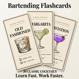 May include: Three flashcards for classic cocktails: Old Fashioned, Margarita, and Aviation. Each card features a detailed illustration of the drink, with the name in large text. The cards also include the glass type and ice used. The text at the top says "Bartending Flashcards". The bottom text says "30 Classic Cocktails. Learn Fast. Work Faster."