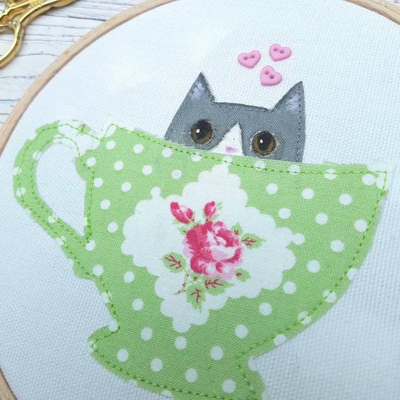 grey and white cat cat cat hoop art Cat in a teacup Cat art cute cat art gift for mom gift for grandmother cat hoop a teacup kitten