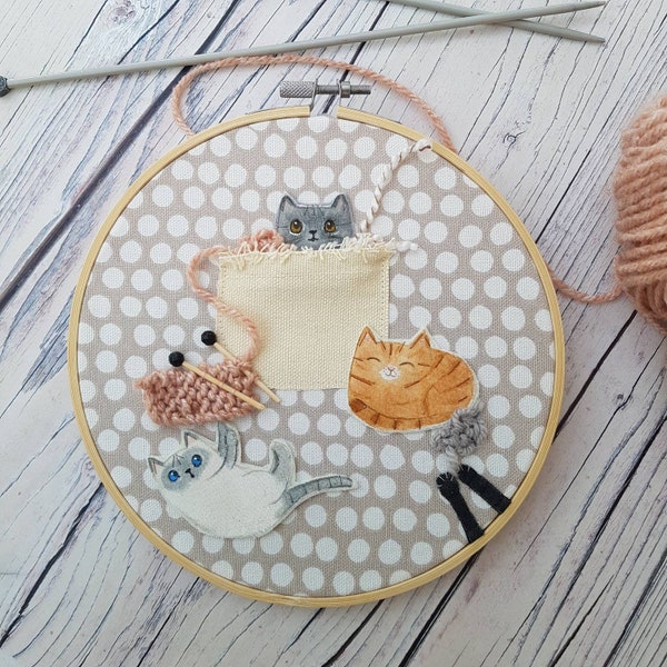 Cheeky cat hoop art,  cat lover, Cat Textile Art, fun cat art, cat wall art