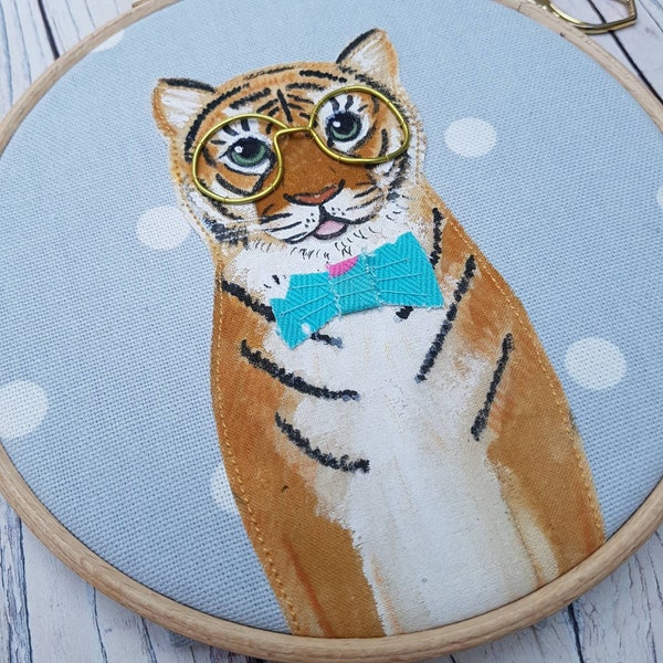 Tiger art, tiger in glasses, tiger hoop art, tiger textile art, painted tiger, fun tiger art, tiger nursery