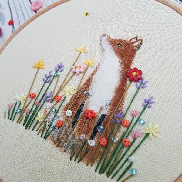 Painted fox, textile art, embroidered art, fox lover, 6"  hoop art