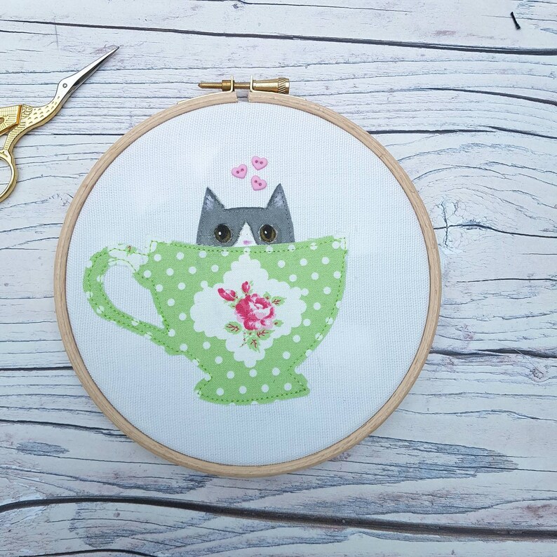 grey and white cat cat cat hoop art Cat in a teacup Cat art cute cat art gift for mom gift for grandmother cat hoop a teacup kitten
