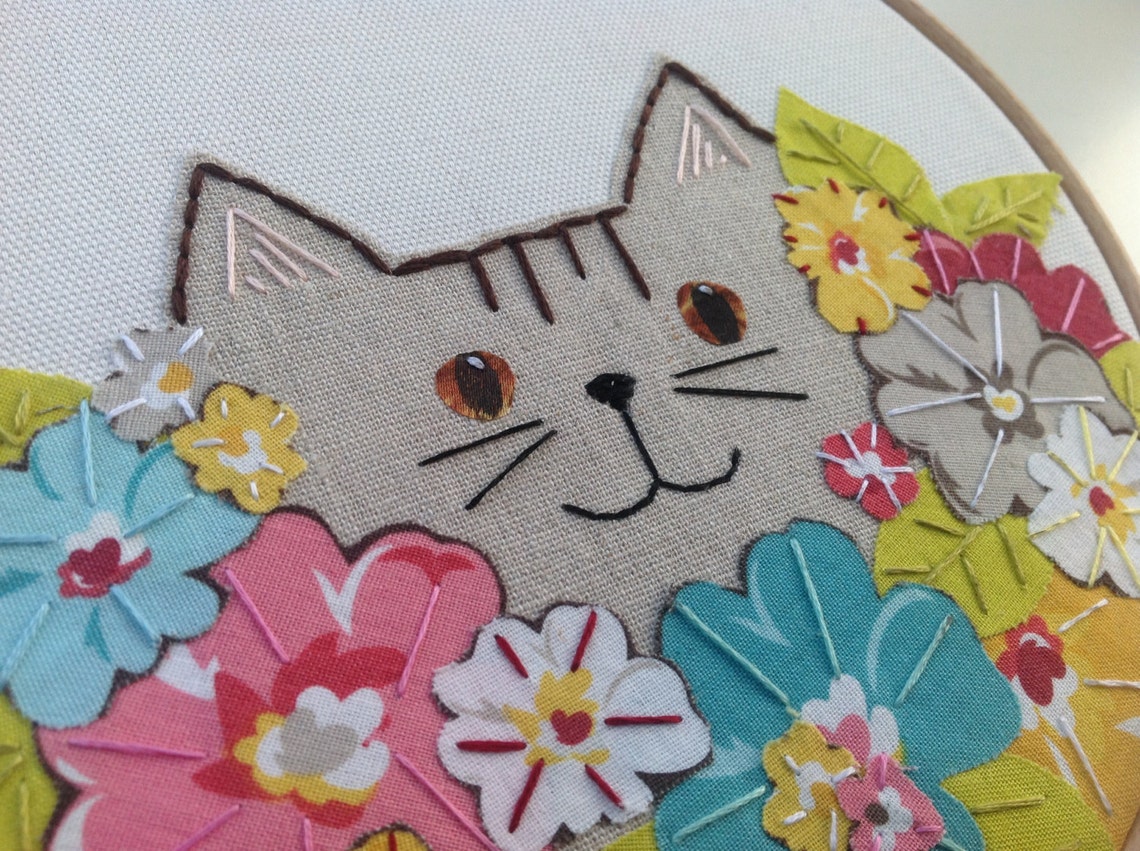 Cat Embroidery Hoop Art colourful floral appliqué cat Etsy