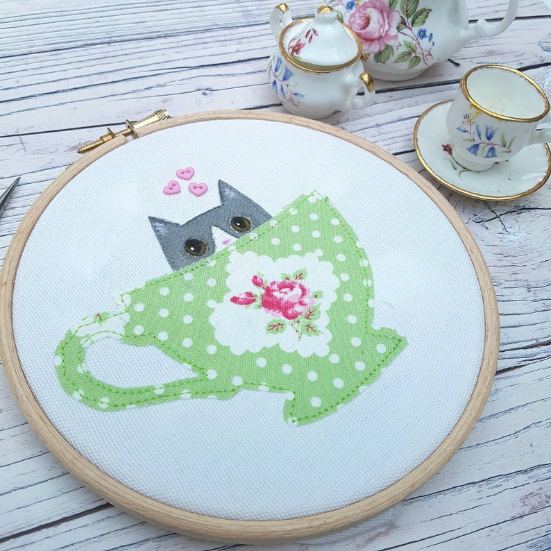 grey and white cat cat cat hoop art Cat in a teacup Cat art cute cat art gift for mom gift for grandmother cat hoop a teacup kitten