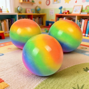 May include: Three rainbow-colored balls are arranged on a patterned rug. The balls display a vibrant spectrum of colors, including red, orange, yellow, green, blue, and purple. The balls are smooth and spherical, suggesting a playful or educational theme.