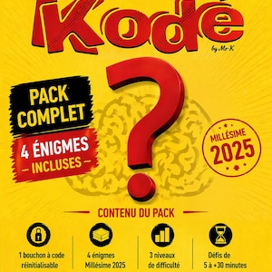 Peut inclure: Une boîte jaune avec le texte "LE BOUCHON Kode" en rouge, avec un grand point d'interrogation rouge. La boîte comprend le texte "PACK COMPLET" et "4 ÉNIGMES - INCLUSES -", avec des détails sur le contenu et les caractéristiques du jeu.
