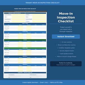 May include: A blue and white digital move-in inspection checklist. The checklist includes sections for property information, entry/foyer, living room, kitchen, dining area, and bedrooms. The checklist is designed for landlords and property managers.