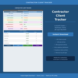 Könnte beinhalten: Eine digitale Contractor Client Tracker Vorlage mit blauem und weißem Design. Die Tabelle enthält Abschnitte für Kundenaufzeichnungen, Job-Einträge und Zahlungsverfolgung. Zu den Funktionen gehören ein automatisch aktualisierendes Dashboard und Dropdown-Statusauswahlen.