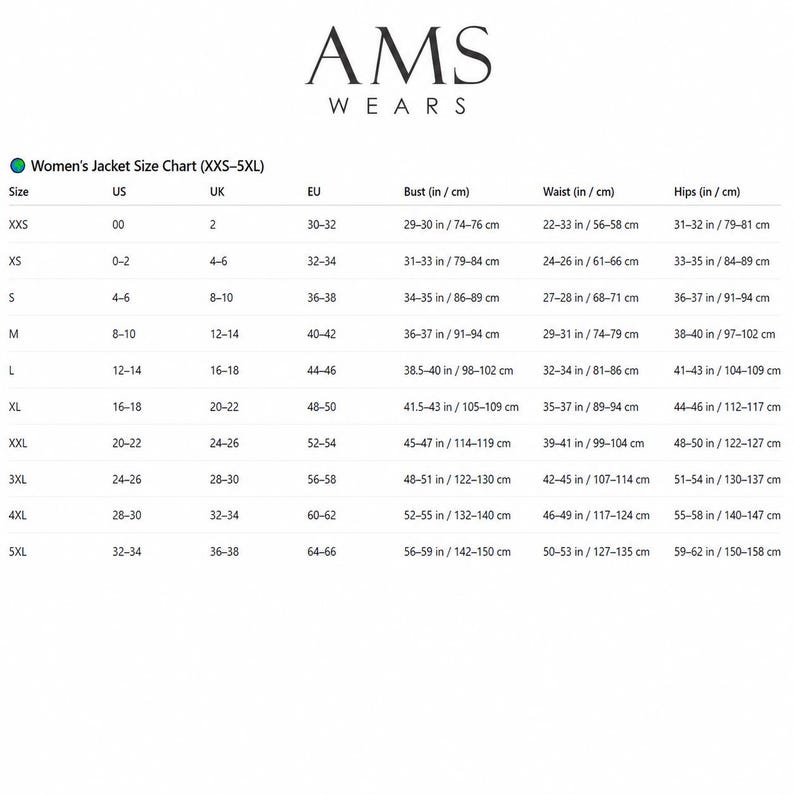 Op de afbeelding: Een maattabel voor damesjassen (XXS-5XL) met afmetingen in inches en centimeters. De tabel bevat borst-, taille- en heupmaten, samen met bijbehorende US-, UK- en EU-maten. De merknaam "AMS WEARS" staat bovenaan.