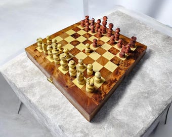 Handmade Moroccan Thuya Burl Wood Folding Chess Set with Hand-Carved Pieces, Fathers Day Gift
