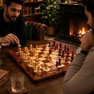 Könnte beinhalten: Ein Schachspiel aus Holz mit einem polierten Wurzelholzbrett mit abwechselnd hellen und dunklen Feldern. Das Set enthält cremefarbene und dunkelrote Schachfiguren, die spielbereit aufgestellt sind, wobei eine Figur von einer Hand bewegt wird.