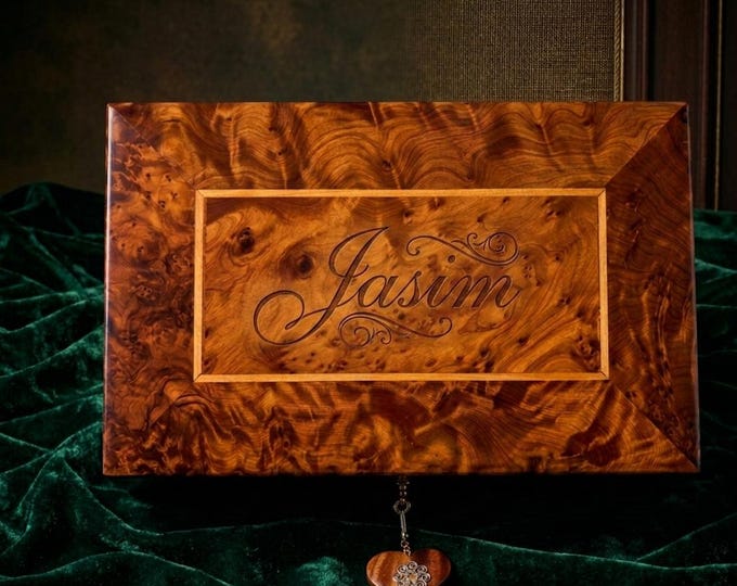 Personalized Moroccan Thuya Burl Wood Jewelry Box, Hand-Burned Name, Lock Closure, Heirloom Keepsake
