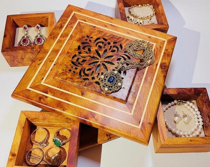 Hand-Carved Thuya Burl Wood Star Jewelry Box, Moroccan Keepsake Drawer Chest