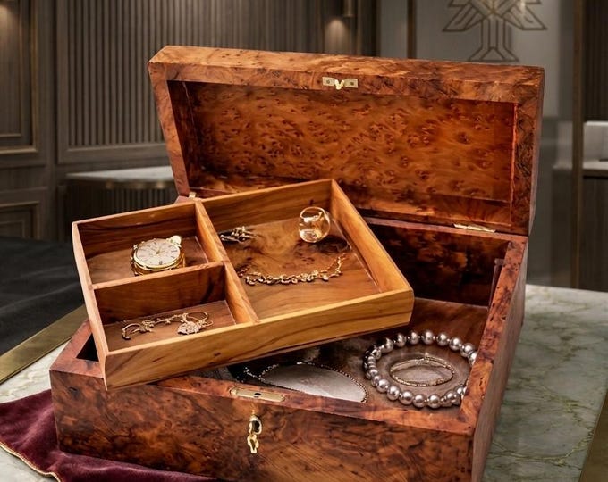 Handmade Thuya Burl Wood Jewelry Box, Moroccan Artisan Keepsake Organizer, Cedar Fragrance