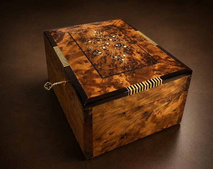 Personalized Moroccan Thuya Burl Keepsake Box, Gold Floral Inlay Jewelry Organizer, Lock Key Gift