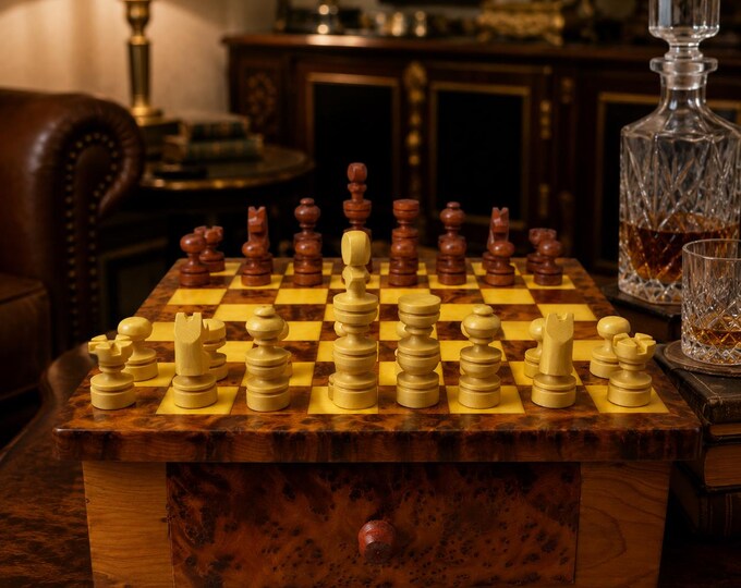 Handmade Wooden Chess Set Moroccan Thuya Burl, with Hand-Carved Pieces, Fathers Day Gift