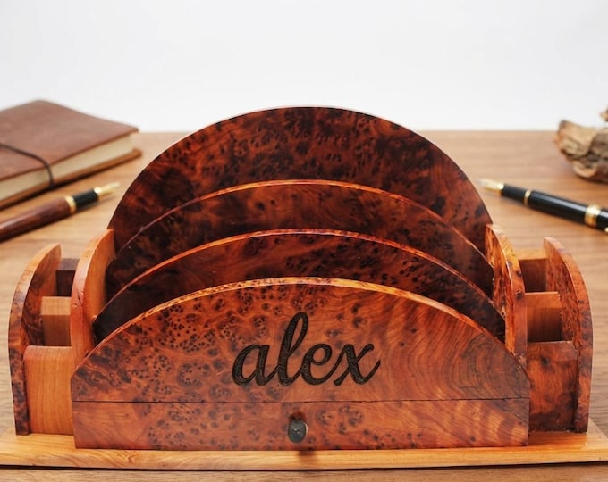 Personalized Thuya Wood Desk Organizer, Moroccan Burl Wood Letter Holder, Custom Engraved Office Gift